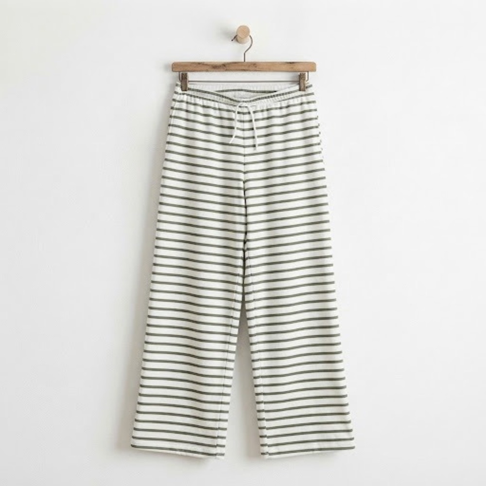 Cozy Earthy Green Striped Wide Leg Lounge Pants M Indie Aesthetic Casual Boho